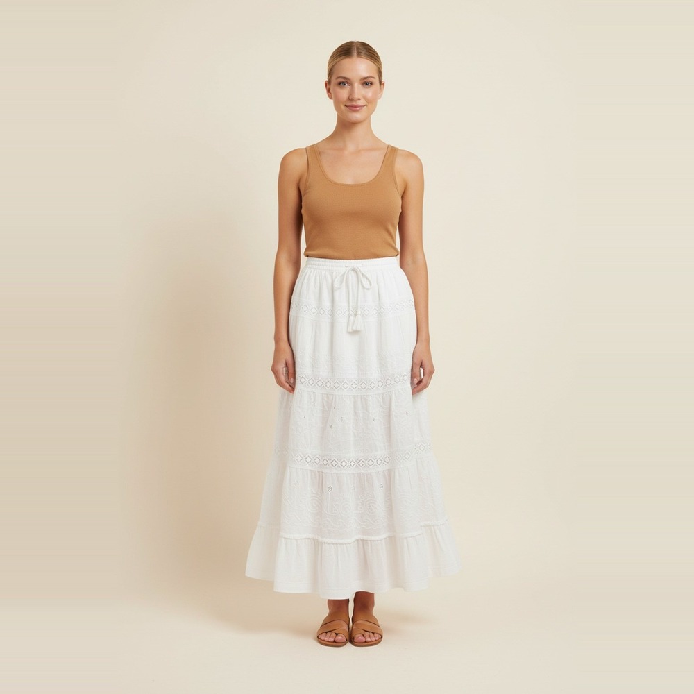 White Waves NWT Boho Maxi Skirt White Crochet Lace Eyelet Tiered Women S/M
